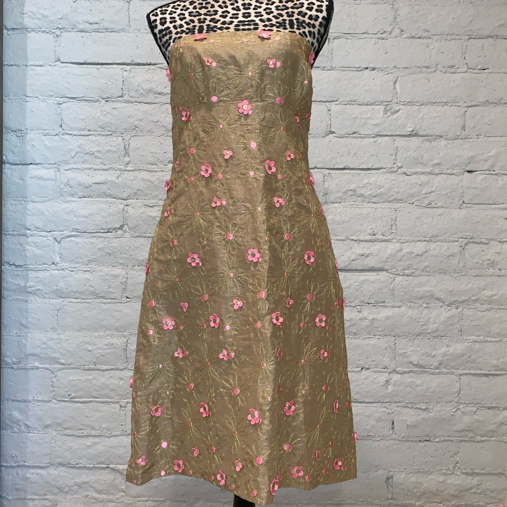 Tocca Cocktail Dress Size 8 Gold w/ Pink Flowers